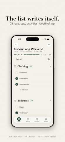 Roam: Travel Packing Lists App Store screenshot 1